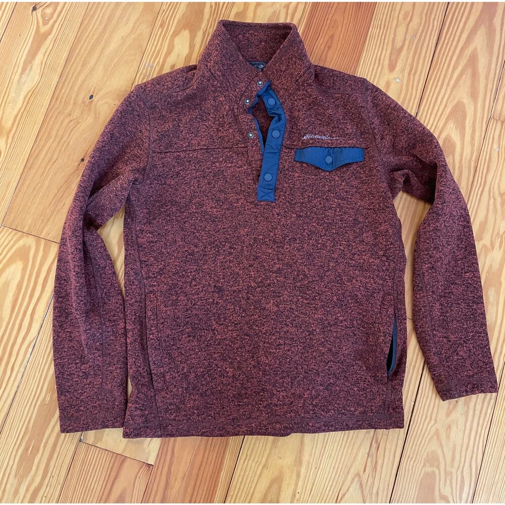 Eddie Bauer 1/4 Snap Mock Neck Fleece w/ Pockets Rust Orange and Navy Blue Med
